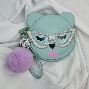 🔺️Betsey Johnson Blue Bear w/3D Silver Eyeglasses & Pink Lips Wristlet